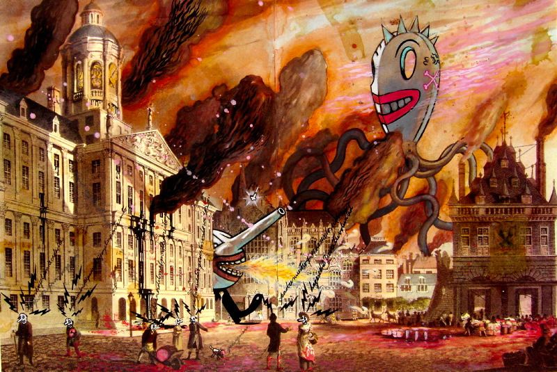 Amsterdam 1810, Childen OFF RevolutionWatercolor on print, 45 x 30 cm, 2005