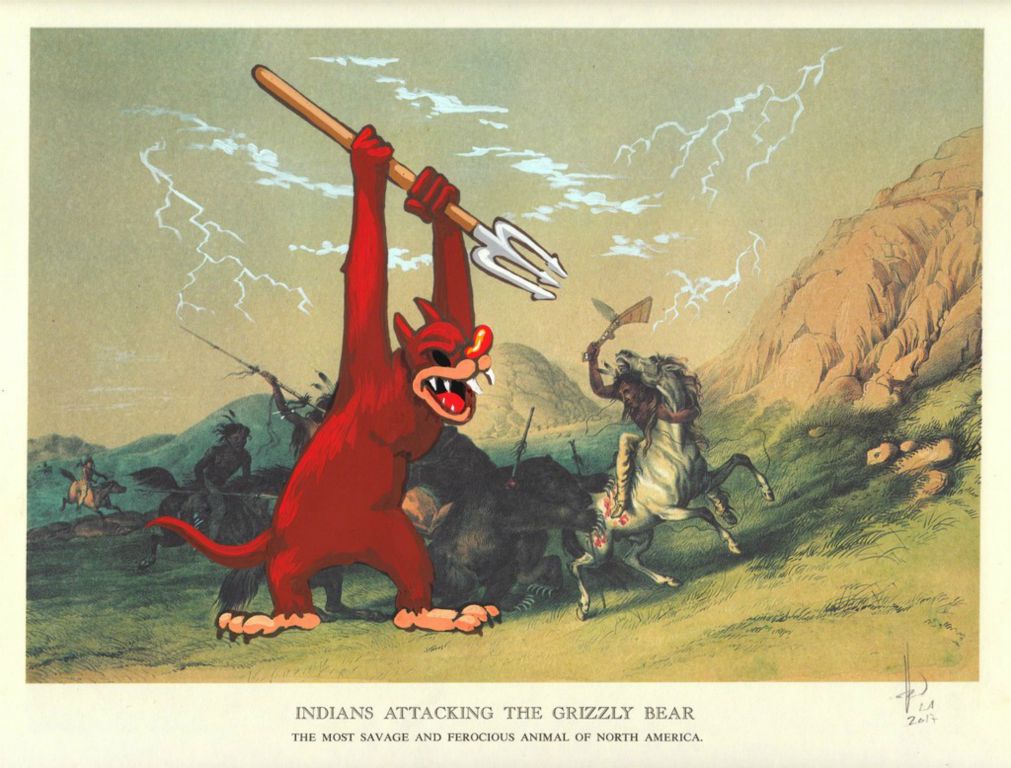 Indians Attacking the Grizzly BearGouache on print, 2017